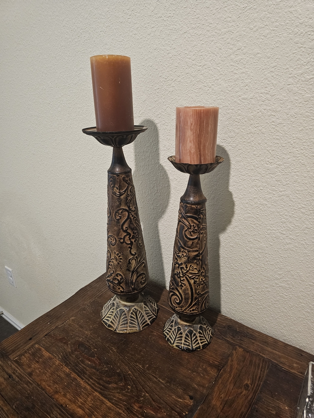 Set of 2 Tall Ornate Pillar Candle Holders Tuscan Bronze Brown